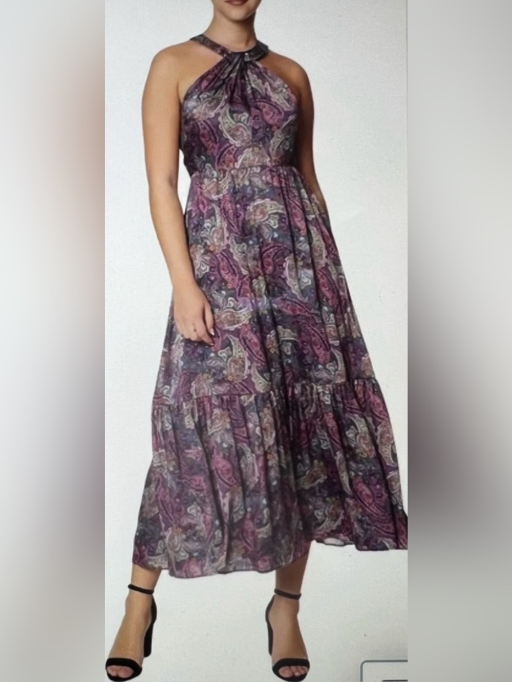 LAUNDRY by Shelli Segal Paisley Halter Maxi Dress Sz 6 Boho Tiered Ruffle